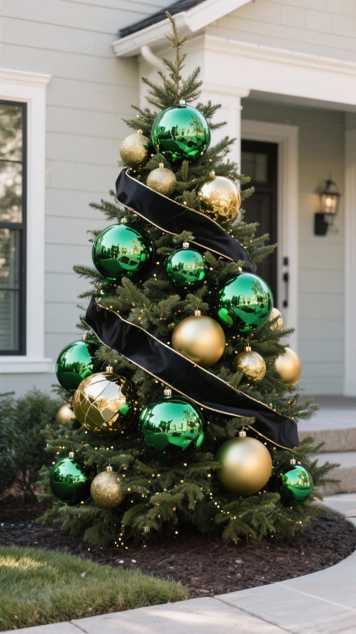 Medium shot of an outdoor evergreen tree decorated for the front yard: oversized 8–10 inch shatterproof ornaments in emerald and gold with a subtle pop of black; wide outdoor ribbon spiraled gracefully; stake-in fairy lights illuminating nearby potted evergreens; warm twilight glow, photorealistic.