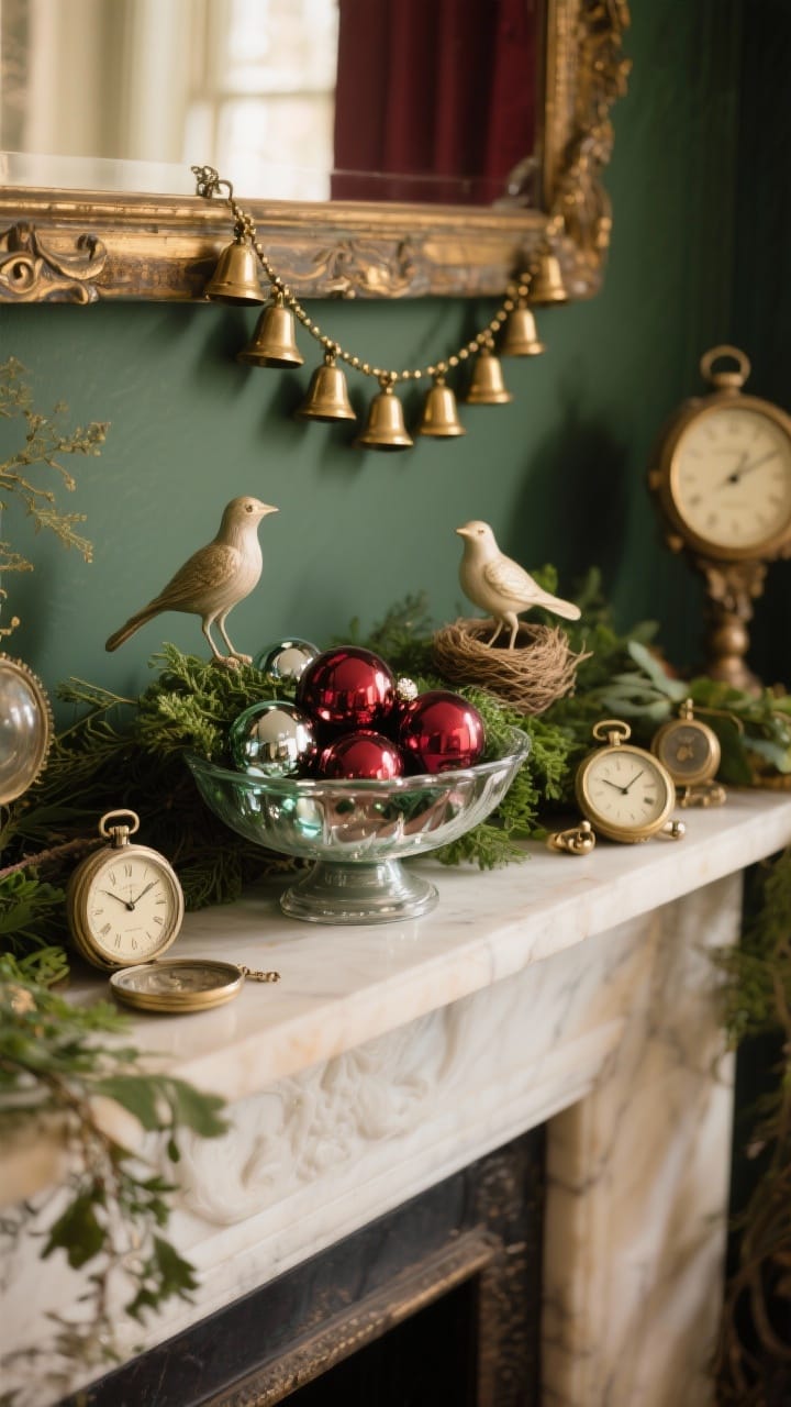 Photorealistic closeup vignette of Victorian curiosities styled across the mantel: a shallow bowl of mercury glass ornaments nestled in greenery for sparkle, a strand of small brass bells draped from one side, a couple of delicate bird figurines with a tiny nest, and mini timepieces—pocket watches and small clock faces—tucked among foliage. Keep the palette cohesive in deep green, cranberry, and gold. Warm, diffused lighting, crisp detail on metallic patina and glass sheen, no people.