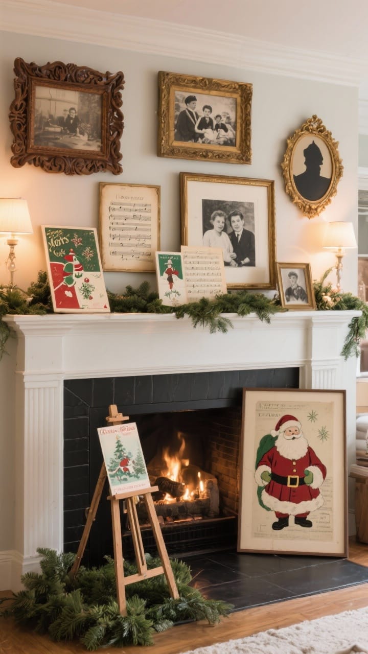 Photorealistic medium shot of a mantel styled with framed nostalgic holiday art: old Christmas cards, sheet music, and black-and-white family photos in mixed antique frames—carved wood, gilt, and oval silhouettes; a tiny easel displaying a postcard amid greenery; one oversized vintage-style Santa print leaning as a focal point; cozy, lamplit glow, no people