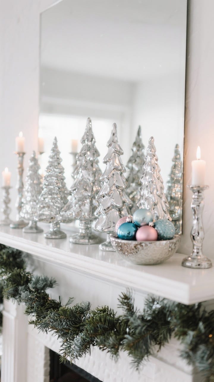 Detail shot of mercury-glass elegance: a curated lineup of mercury-glass trees and votives forming a silvery skyline at varied heights, a low bowl holding a few Shiny Brite ornaments, all grounded by matte cedar or juniper garland; overall palette is reflective silver with one unexpected pop of blush or icy blue; warm white lighting for a soft vintage feel, crisp reflections, minimalist styling, clean white mantel background
