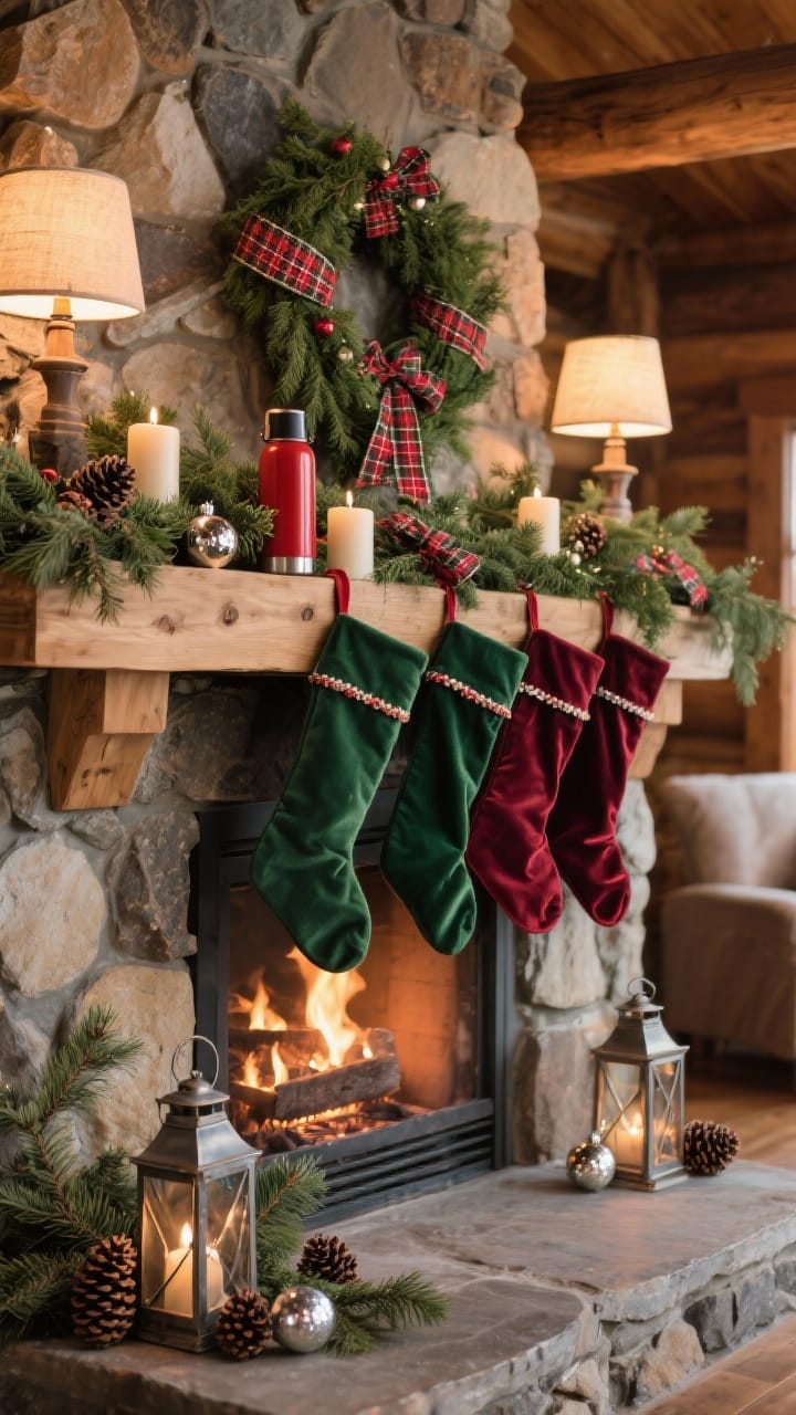 Straight-on wide shot of a cozy cabin throwback mantel: deep green and burgundy velvet stockings with satin ribbon loops, plaid ribbon woven through a natural greenery garland and wrapped around candle bases, a classic red plaid thermos and a couple of metal lanterns; pinecones, cedar sprigs, and a few mercury-glass ornaments add texture and shine; warm fireplace glow and ambient lamplight, rustic-modern surroundings with natural wood and stone accents