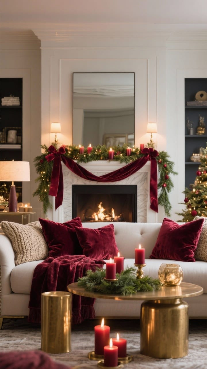 Wide, cohesive holiday living room scene that ties the look together: curated palette featuring deep burgundy accents—velvet ribbons on the mantel garland, burgundy pillows and a throw on the sofa, a few burgundy candles, and restrained metallics in gold and champagne; mixed textures (velvet, knit, greenery) and tight color story; evening candlelight layered with warm ambient lighting; approachable, no people.