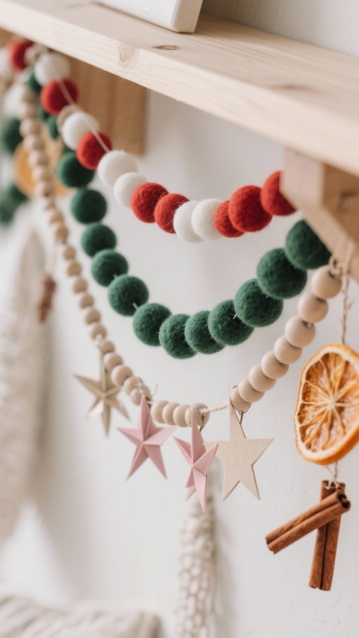 Photorealistic detail shot of Scandinavian-style garlands: closeup of layered strands draped over a pale wood shelf—smooth natural wood bead garland, felt ball garland mixing red, white, and forest green (with a few pastel accents), delicate folded paper stars, and a string with dried orange slices and cinnamon sticks; soft side lighting emphasizing textures and the warm, cozy scent suggestion; shallow depth of field, minimalistic calm aesthetic.