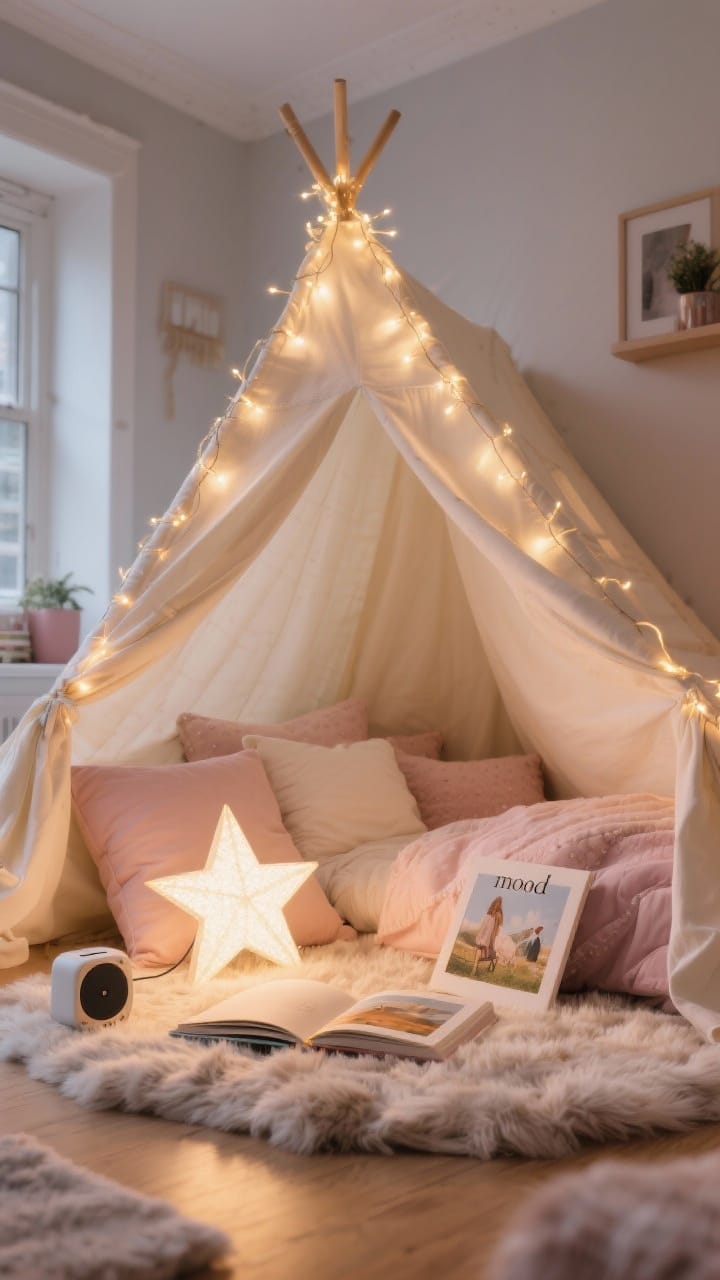 Photorealistic wide shot of a holiday bedding fort and reading nook: a canopy draped from the ceiling over floor pillows and a faux fur rug, with safe LED fairy lights woven along the canopy edge (set back from fabric); a portable star-shaped book light rests beside an open picture book; gentle warm lighting, soft textiles in cream and blush, low-volume “mood” implied by a small Bluetooth speaker; captured from a low, corner angle to feel immersive and inviting.