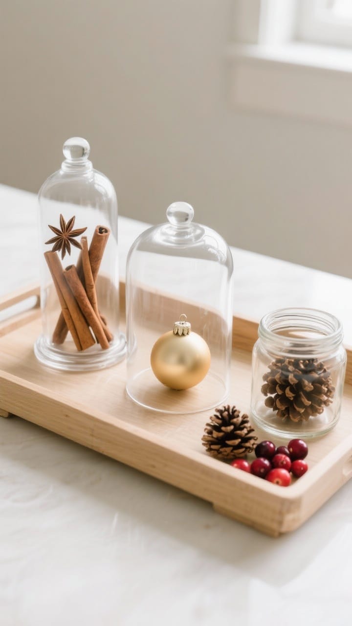 Overhead detail shot of a tray vignette: three clear vessels—a tall apothecary jar filled with cinnamon sticks and star anise, a cloche covering matte glass ornaments in a single champagne color family, and a glass jar with pinecones and fresh cranberries. Minimalist arrangement in threes, on a light wood tray. Natural morning light, crisp reflections, warm, refined simplicity with aromatic visual cues.