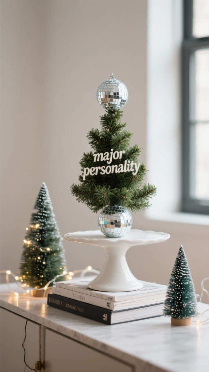 Tabletop Christmas tree on a sideboard: a mini evergreen raised on a white ceramic cake stand atop stacked coffee table books, single-theme decor with gleaming mini disco balls, two smaller bottle-brush trees in varying heights beside it, and battery-operated micro-lights with no visible cords. Softly blurred neutral background, cheerful modern mood.