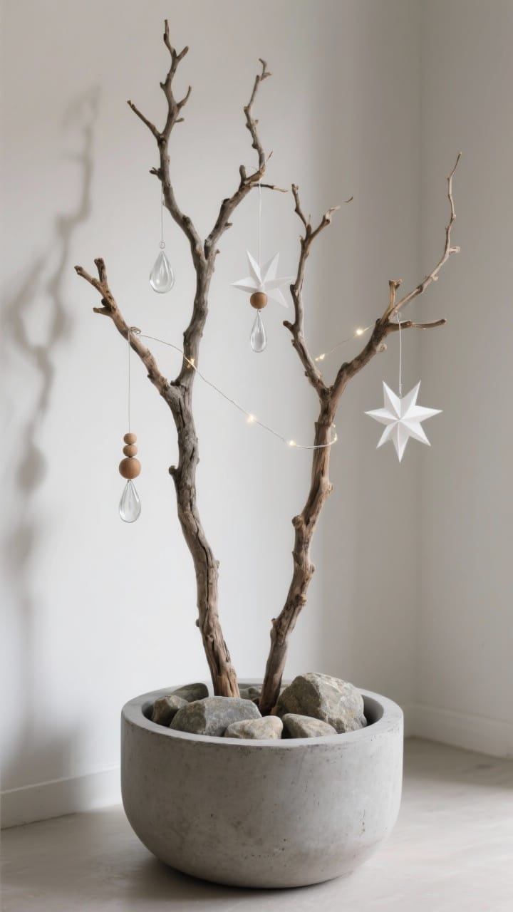 Minimalist Scandinavian branch tree: two sculptural manzanita branches in a heavy matte concrete planter weighted with river rocks, delicate airy ornaments like clear glass droplets, folded white paper stars and natural wood beads, a fine twinkle wire on a few limbs, and a soft spotlight behind throwing branch shadows on a pale wall. Clean lines, neutral palette, gallery-like serenity.