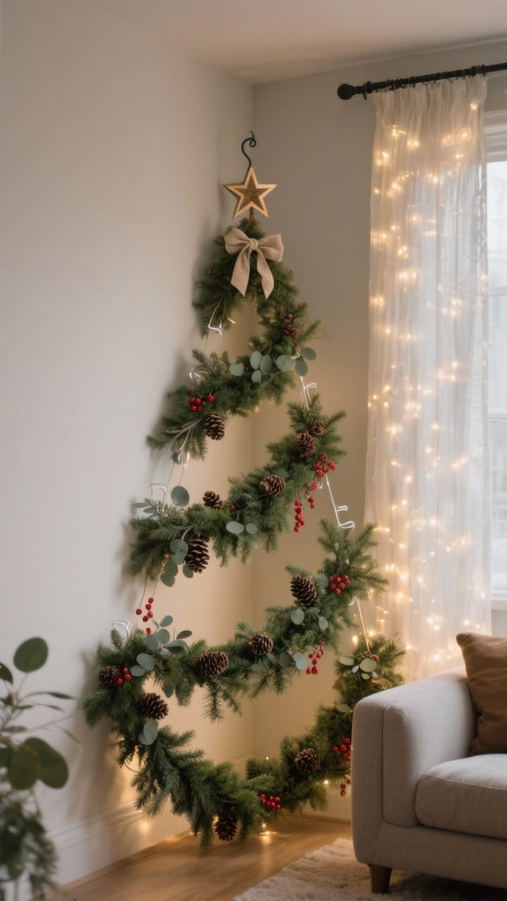 Cascading garland tree hugging two walls in a small living room corner: a top hook with a statement bow and star, two to three lush evergreen garlands swagged into a loose triangle, eucalyptus, pinecones and red berry stems for texture, and curtain fairy lights behind for a soft, layered glow. Neutral walls, intimate festive ambiance.