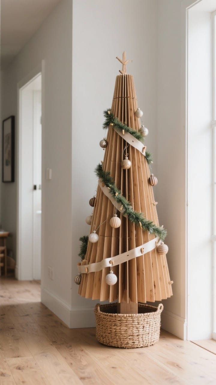 Collapsible Christmas tree in a hallway corner: a slim wooden slat accordion-style tree with ribbon garlands and clip-on ornaments, a woven tree collar basket at the base, smooth kid-friendly edges, and a natural wood tone. Neutral walls, light oak flooring, soft daytime window light, ultra-slim side profile.