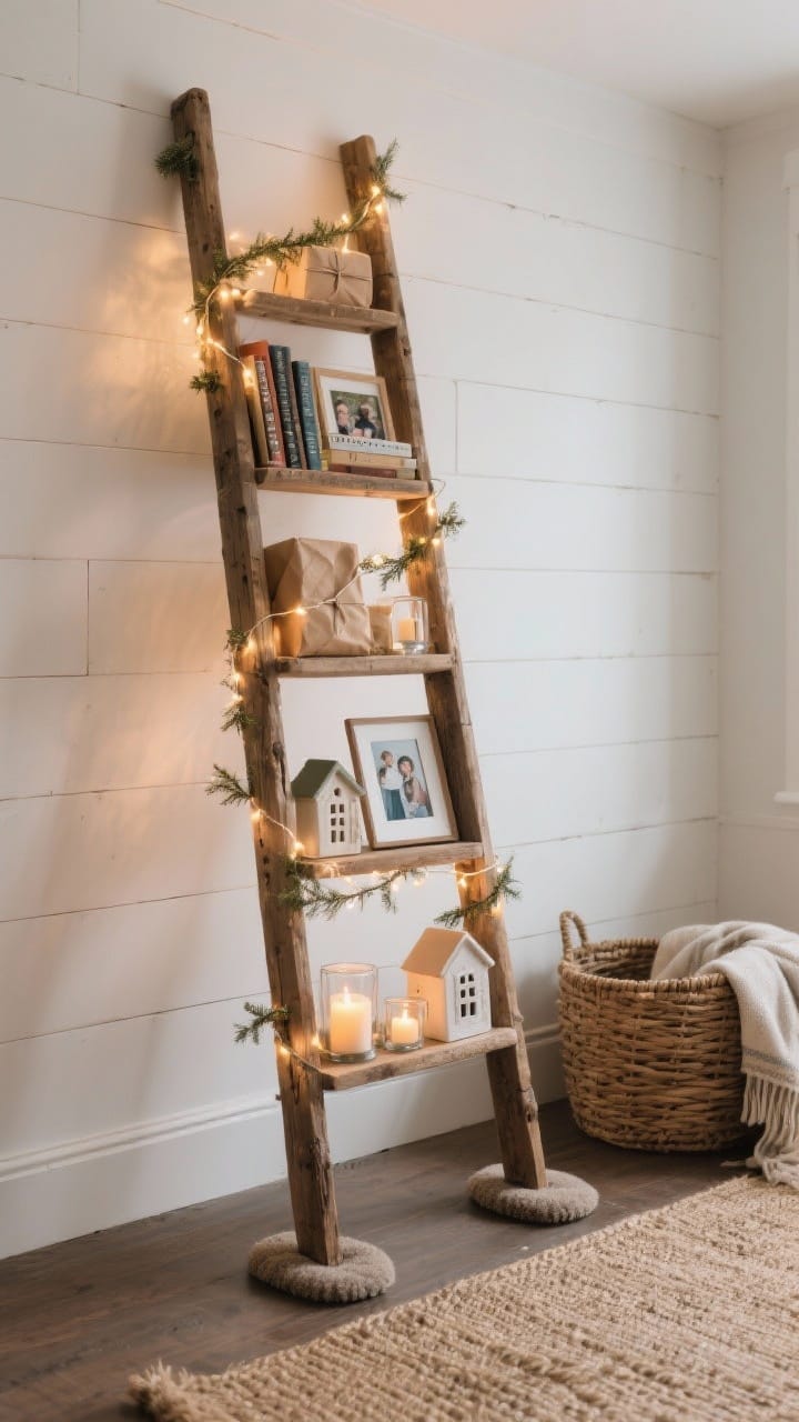 Rustic wooden ladder Christmas tree leaning against a white shiplap wall with felt pads on the feet, warm LED strands zigzagged around the rungs, and each rung styled with kraft-wrapped books, small framed photos, miniature ceramic houses, and flameless LED candles. Natural jute rug and a woven basket with throws nearby. Cozy, functional farmhouse vibe, evening glow.
