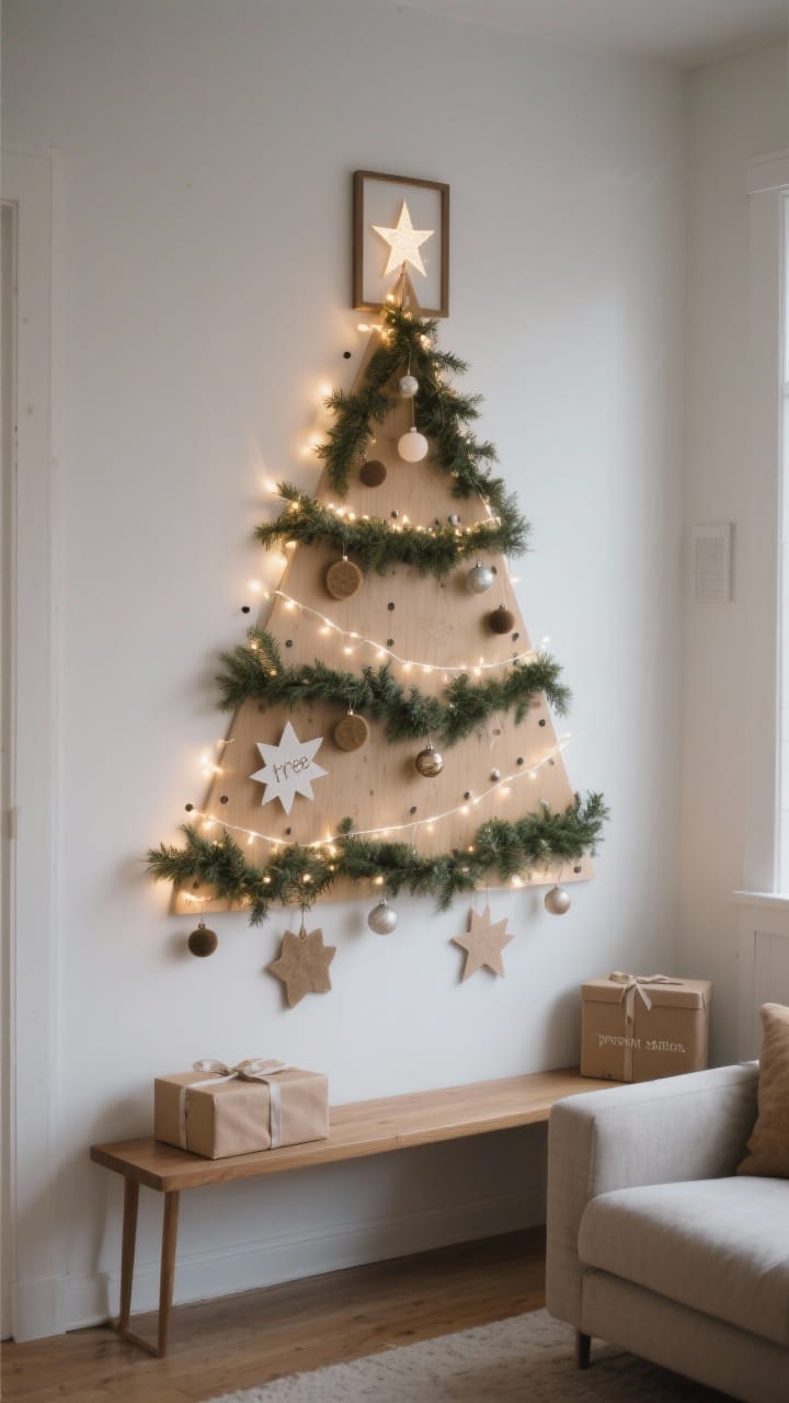 Wall-mounted Christmas tree in a small living room: faux evergreen garlands shaped into a classic triangle on a plywood backing, layered warm white fairy lights, lightweight paper and felt ornaments, a framed star topper, and a narrow bench below with kraft-wrapped gifts. Cozy, minimalist, zero floor-space footprint, soft evening lighting.