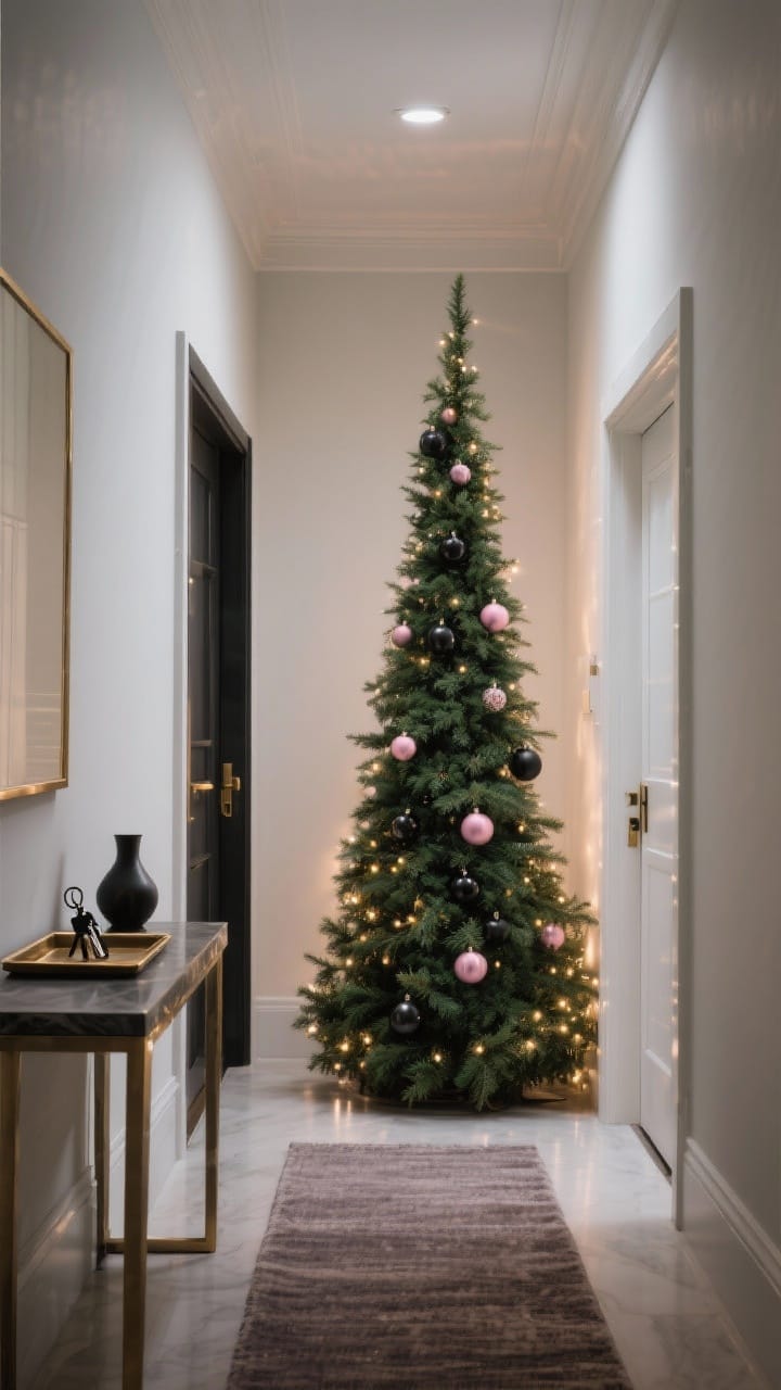 Tall, slim pencil Christmas tree beside a console table in a narrow entryway: deep forest green needles, blush and matte black ornaments with brushed brass accents, warm LED micro-lights, a console tray with keys and a small vase, and a muted runner rug. Clean, sleek, glam mood with vertical emphasis, soft ambient evening light.