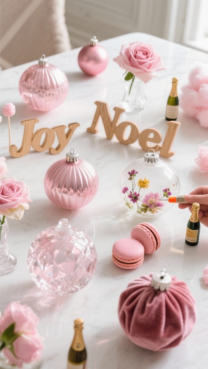 An overhead detail shot of a tabletop spread of unique pink ornaments: frosted, faceted, ribbed, and velvet-wrapped baubles; blown glass foods like pink macarons, cotton candy, and tiny champagne bottles; silk rose and peony floral picks; acrylic and wood monograms reading “Joy” and “Noel” in rose and gold; and a clear bauble being DIY’d with pressed flowers and hot glue nearby. Bright, diffused daylight for clarity, photorealistic.
