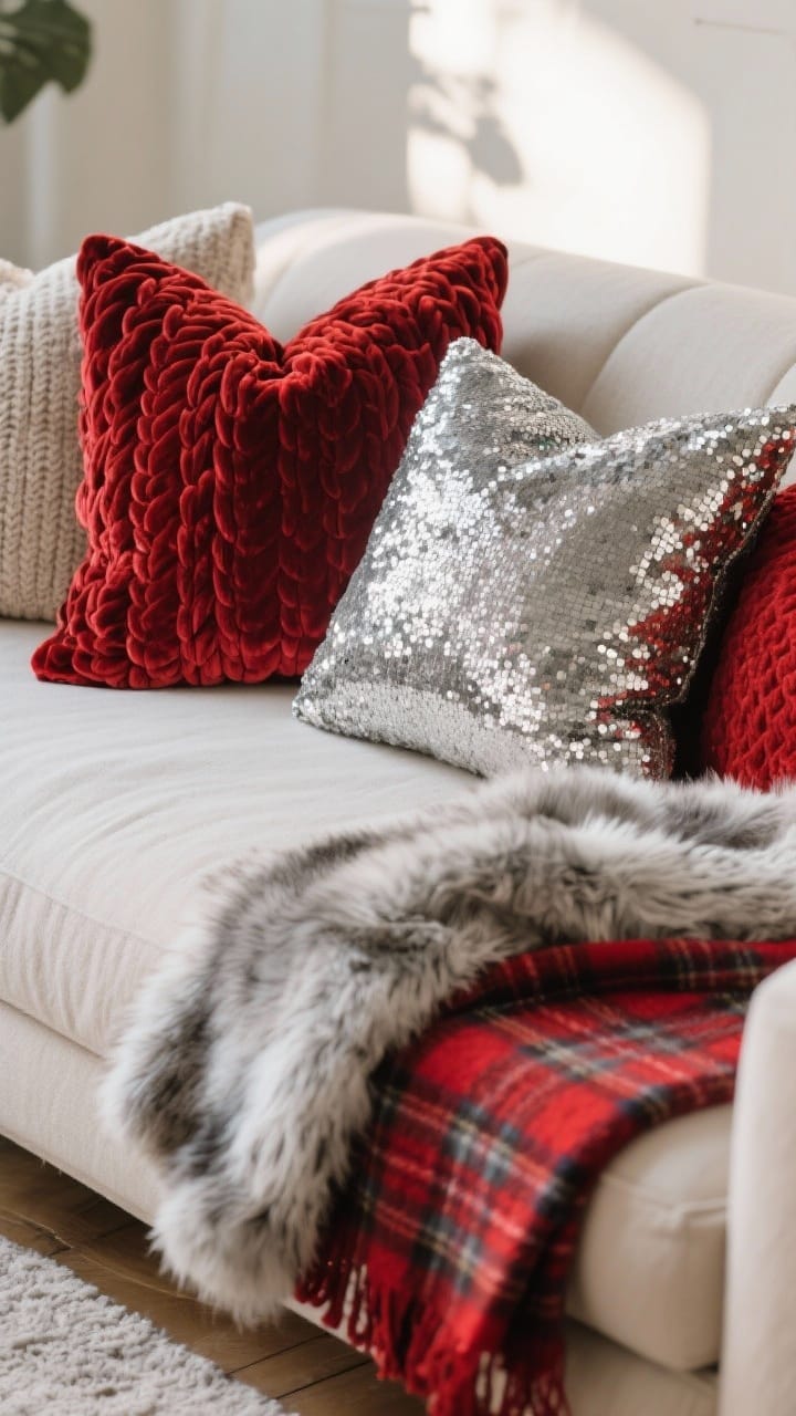 Photorealistic closeup detail of cozy textiles on a neutral sofa: mix of red velvet and chunky knit pillows, plus one or two silver sequin pillows for restrained sparkle; a silver-gray faux fur throw layered over a red plaid blanket draped casually; neutral room tones allowing the red and silver to pop; soft natural afternoon light grazing the textures to highlight velvet sheen, knit weave, and faux fur pile.