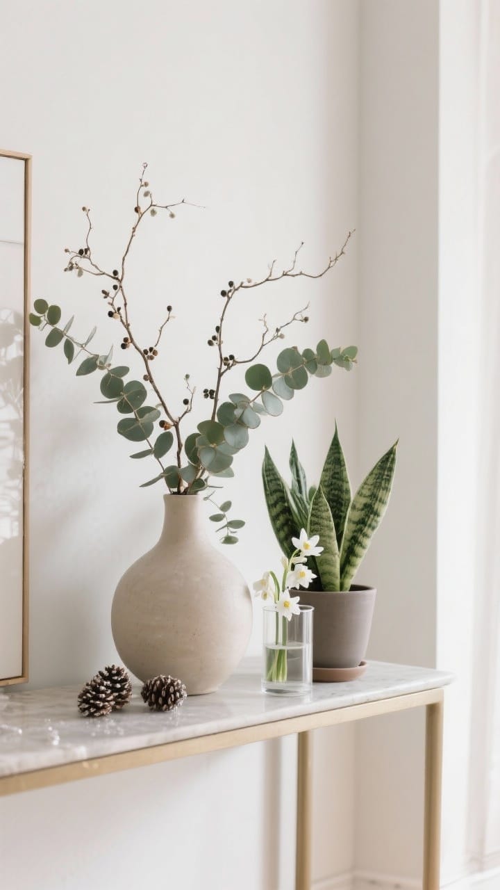 Console table with eucalyptus branches and low-light plants in a calm winter palette