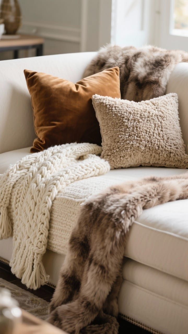 Layered sofa corner with a chunky cream cable-knit throw, taupe faux fur blanket and velvet pillows in warm neutral tones