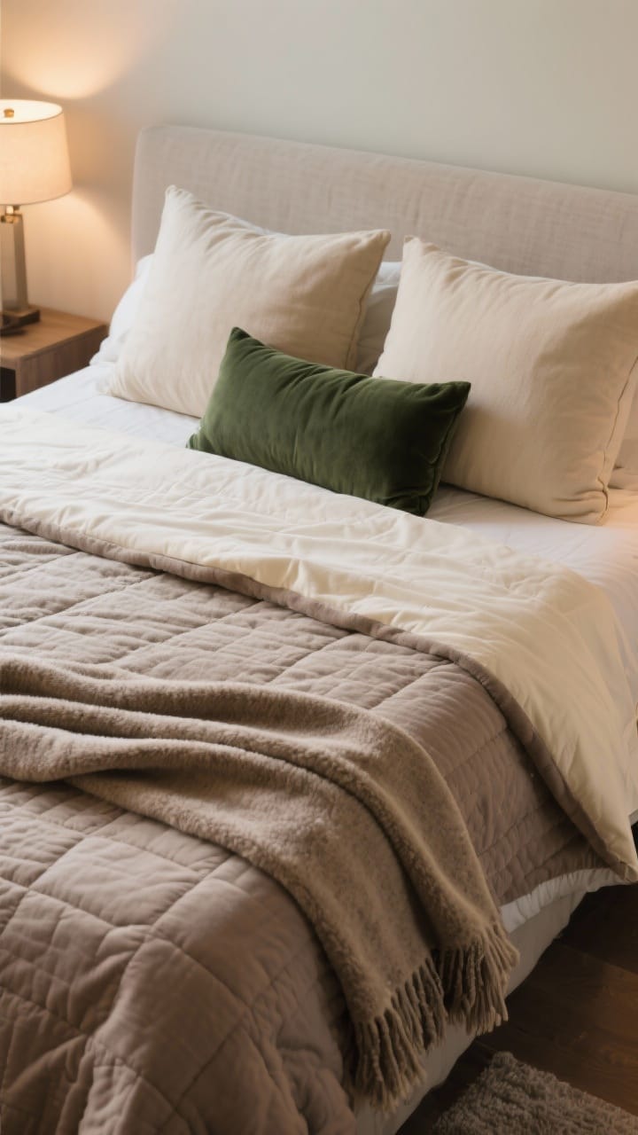 Winter bed layering with flannel sheets, a folded taupe duvet, an extra throw at the foot and a soft neutral pillow stack