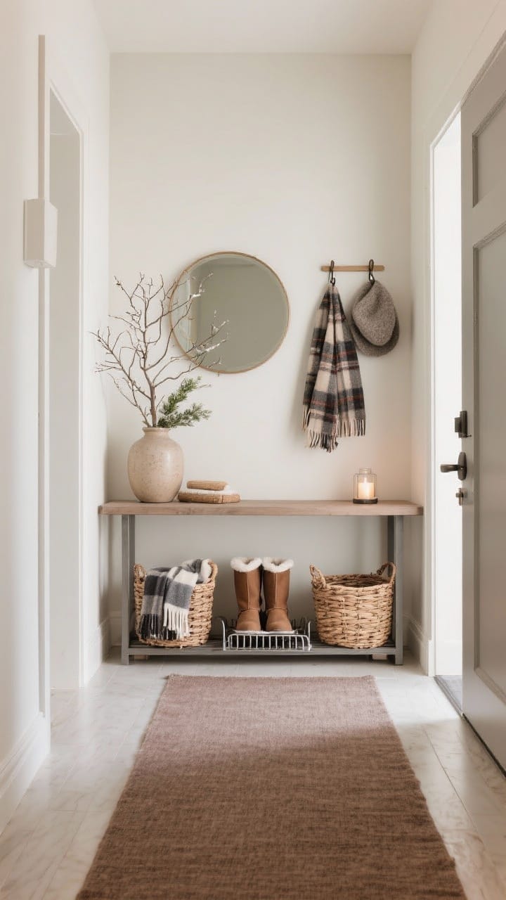 Seasonal entryway with a warm taupe runner, woven baskets under a slim console, a round mirror and winter branches in a ceramic vase