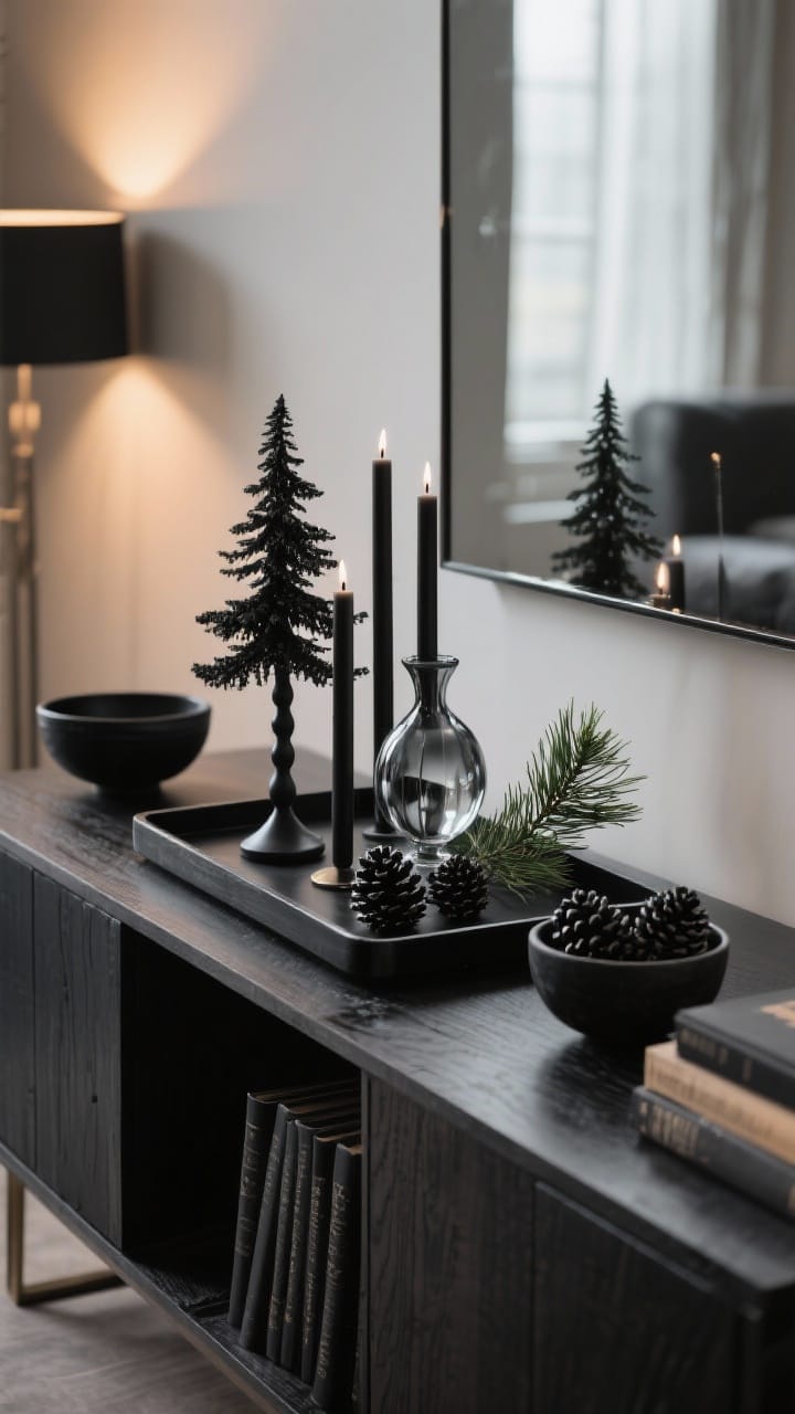 Photorealistic medium vignette on a console: black or dark wood tray base holding a small black tabletop tree and mixed-height black taper candles; one reflective element like a smoked glass ornament or mirror coaster; a sprig of fresh greenery and a small bowl of matte-black sprayed pinecones; nearby dark books and black ceramic bowl for curated feel; soft, warm side lighting for charcoal-and-glow ambiance; no people