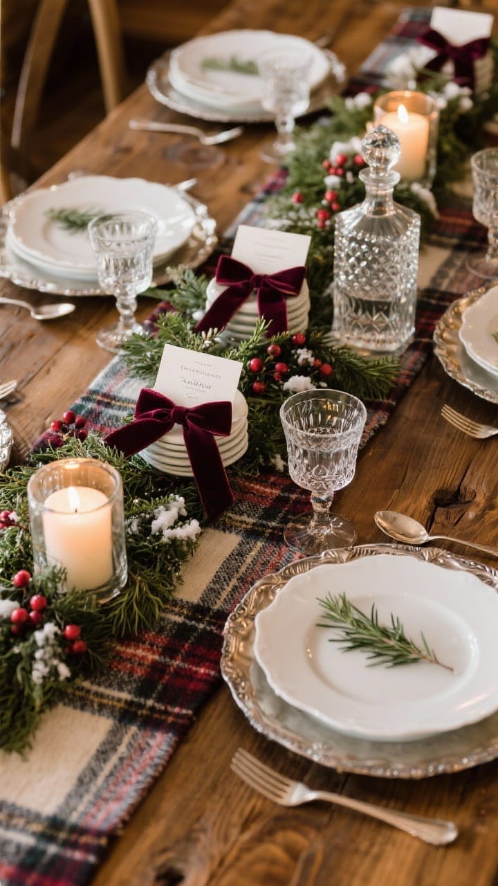 Overhead tablescape of lodge-chic dining: a plaid runner on a wood table, classic white china stacked on antique silver chargers, polished flatware, crystal stemware catching warm candlelight; low greenery centerpiece with winter berries and unscented pillar candles in hurricanes; place cards tied with velvet ribbon and a sprig of rosemary; a crystal decanter nearby; cozy, editorial feel, no people.