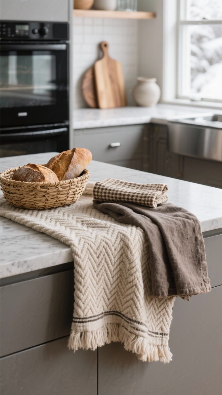 Closeup of layered kitchen textures on a calm winter countertop: an oatmeal herringbone runner on matte stone, a seagrass basket of bread, and waffle and ribbed towels draped over a black oven handle
