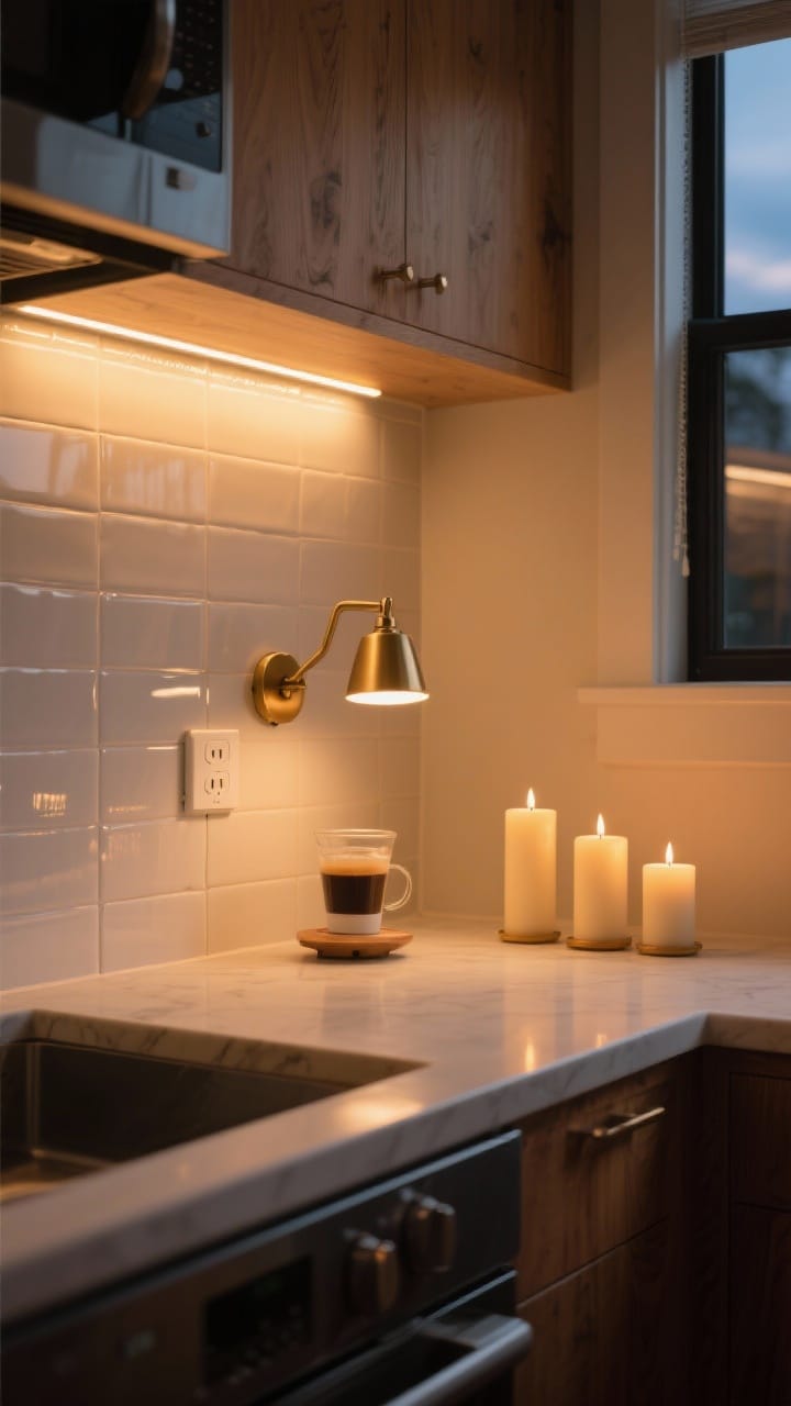 A kitchen corner with warm 2700K lighting: under-cabinet LED strips over the backsplash, a small plug-in sconce and a petite table lamp on the counter, and a trio of unscented candles by the tile