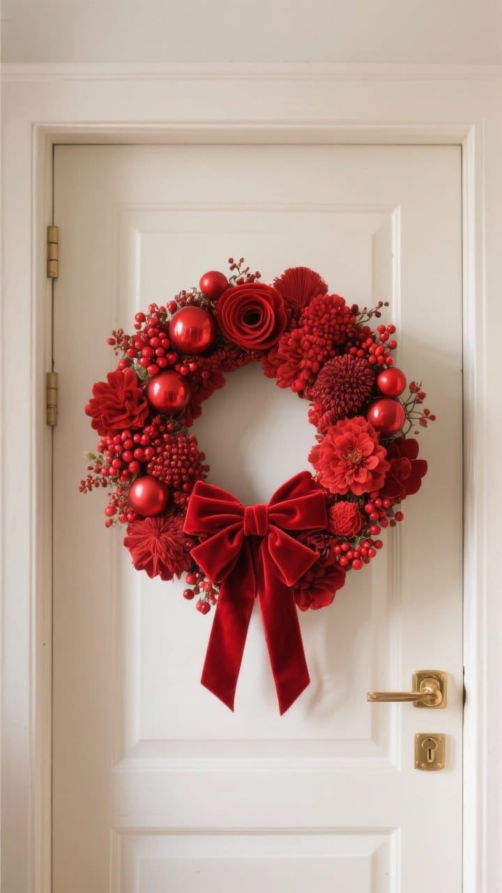 A bold, straight-on medium shot of an all-red monochrome wreath on a neutral door: varied textures in one color family, glossy and matte ornaments, velvet ribbon loops, red berries, and red florals, shapes mixed for interest; subtle brass accents that echo door hardware; clean composition with even, bright natural lighting.