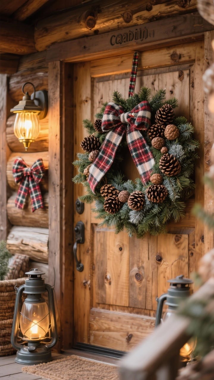 A cozy medium shot of a “log cabin” wreath on a rustic wood door: a fluffy evergreen base with oversized pinecones in mixed sizes, and a wide tartan/buffalo check ribbon woven through in generous loops; warm, golden porch light and nearby lanterns with matching plaid bows hinted in the frame for a nostalgic cabin vibe.