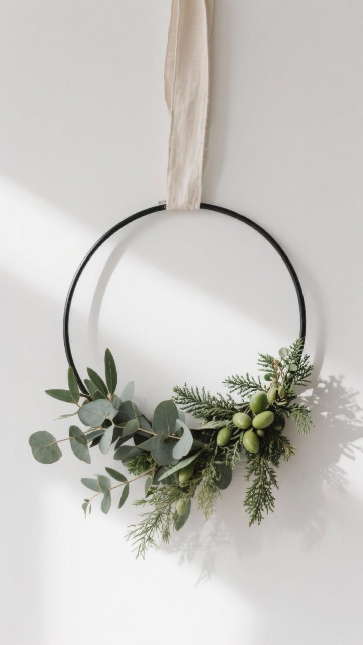 A minimal, straight-on medium shot of a Scandinavian-style wreath: a matte black metal hoop with asymmetrical greenery only on the lower third, eucalyptus, olive, and a touch of juniper, finished with a simple neutral linen ribbon tail; clean background, soft natural daylight, crisp focus on the restrained design and negative space.