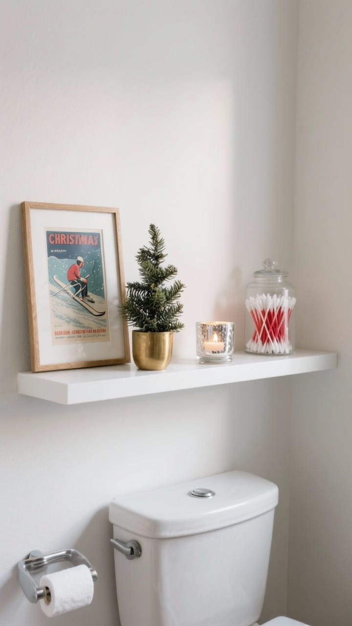 Photorealistic medium shot of a narrow floating shelf above a toilet, styled as a holiday capsule: left side anchored by a small framed vintage ski poster, next to a tiny potted faux spruce in a brass vessel; right side features a mercury glass votive with an LED tea light and an apothecary jar filled with red-and-white cotton swabs. Balanced composition using the one-third rule, limited to four items, matte white wall backdrop, soft diffuse lighting from the side.