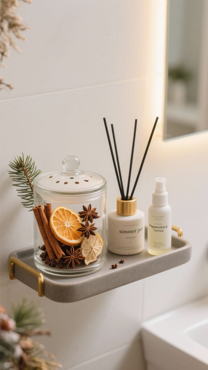 Medium closeup of a seasonal scent station on a small shelf: a glass jar simmer pot filled with dried orange slices, cinnamon sticks, star anise, and cloves, lid pierced with a few small holes; beside it a reed diffuser with pine/fir oil and a minimalist room spray bottle labeled peppermint and vanilla; matte ceramic tray in brass accents, cozy ambient lighting, clean modern bathroom backdrop, photorealistic with aromatic textures emphasized.