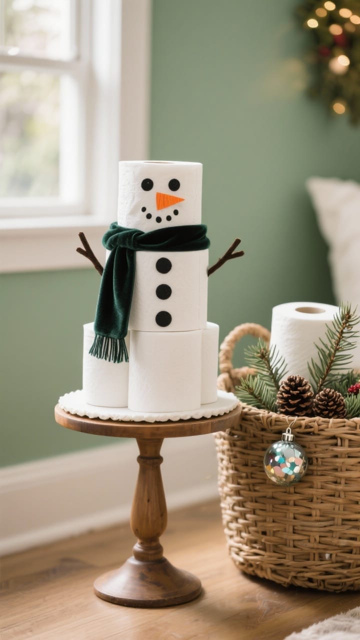Playful detail shot of festive toilet paper storage: on a small cake stand, three white TP rolls stacked as a snowman with washable-marker coal eyes and buttons, an orange paper nose, and a velvet ribbon scarf; adjacent wicker basket holding spare rolls tucked with pine branches, pinecones, and shatterproof ornaments; warm, natural light, soft green wall accent, photorealistic.