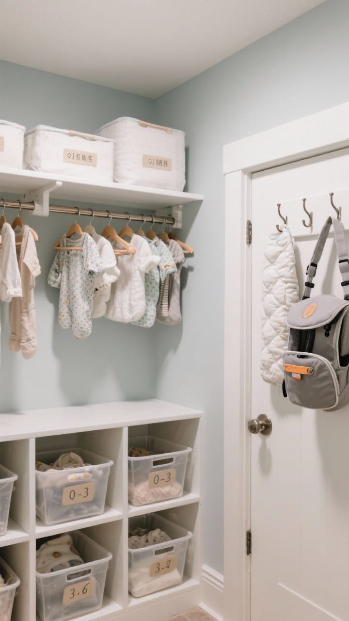 Photorealistic closeup of a nursery closet optimized like Tetris: double hanging rods with tiny tops above and bottoms below, clear labeled cubby bins for sizes (0–3, 3–6, etc.), an overhead shelf with labeled out-of-season storage, and door hooks holding sleep sacks and carriers; cool, even lighting for visibility; labels clearly legible and organization front-and-center