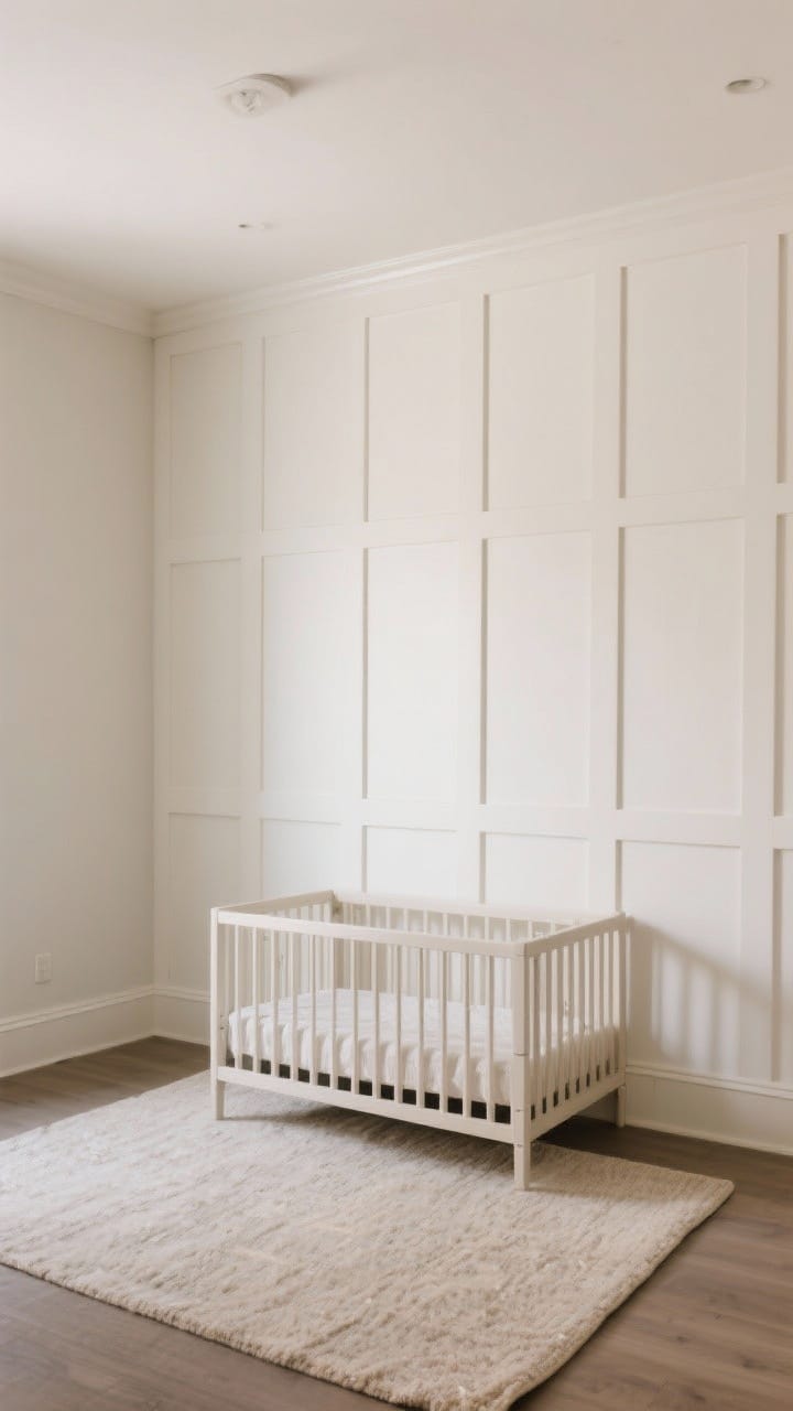 Straight-on medium shot: A neutral wall with quiet drama. Show board-and-batten millwork painted the exact wall color (warm white) for tonal depth. Keep adjacent walls simple. Add a minimal crib in front and a neutral-toned area rug. Lighting is soft and even to emphasize the subtle architectural shadows. Avoid bold decor so the tonal wall treatment remains the focal point.