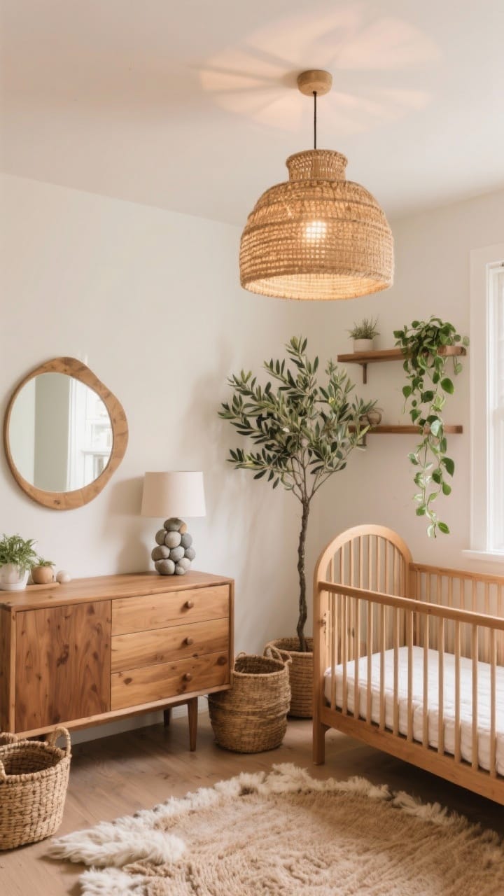 Wide shot: A warm, organic-feeling nursery featuring mixed wood tones that share a warm undertone. Include a curved crib, a rounded mirror above a dresser, and a pebble-like ceramic lamp base. Add natural fibers: a wool rug and woven baskets. Place greenery—a trailing pothos on a high shelf and a faux olive tree in the corner. Overhead, a natural woven pendant on a dimmer provides cozy, adjustable lighting in the warm white range.