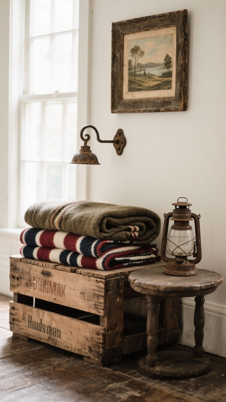 Closeup detail of vintage touches with soul: a folded wool army blanket and a Hudson Bay–style stripe blanket stacked on a wooden crate repurposed as a side table, with a small antique landscape in a rustic frame leaning above. Iron lantern and hook with visible patina nearby. Gentle window light highlights age and texture.
