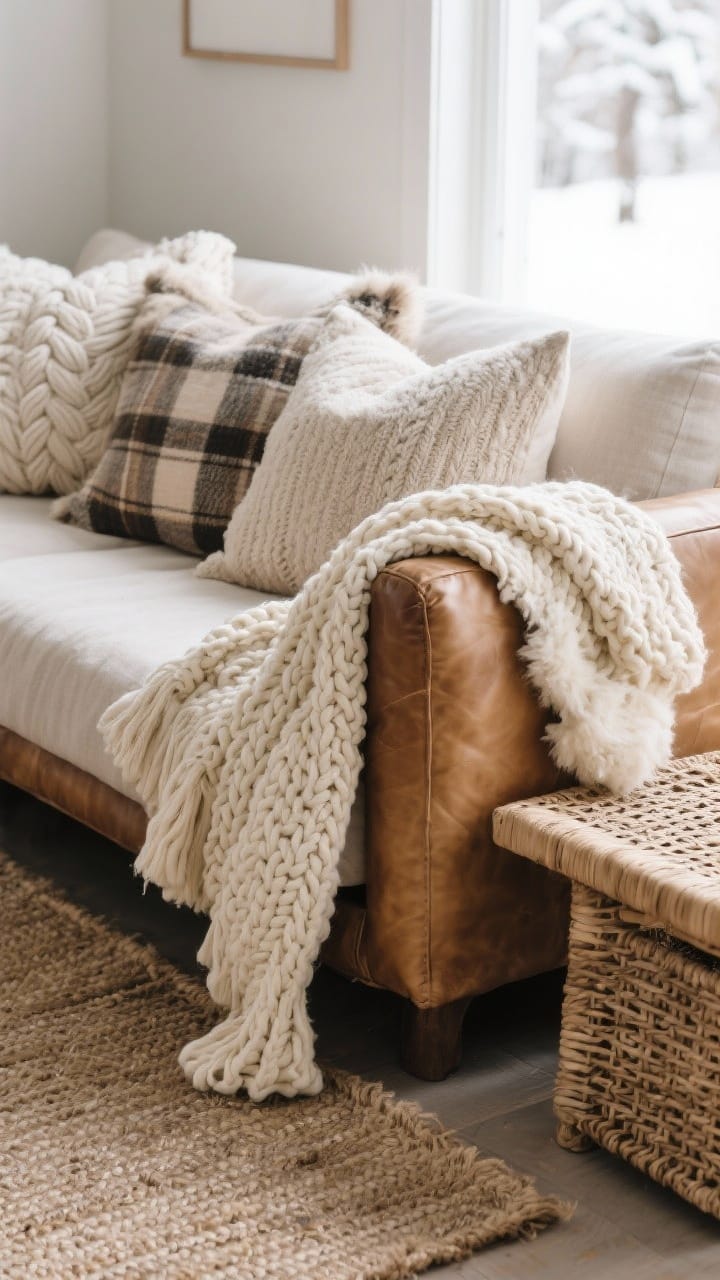 Closeup detail shot: a leather sofa arm draped with a chunky knit cream throw, a sheepskin casually tossed across a woven bench beside it, and a mix of linen, cable-knit, faux fur, and plaid pillows in a cohesive neutral palette; grounded by a jute/wool neutral rug. Soft winter daylight from the side highlights the contrasting textures, creating a cozy, layered rustic look.