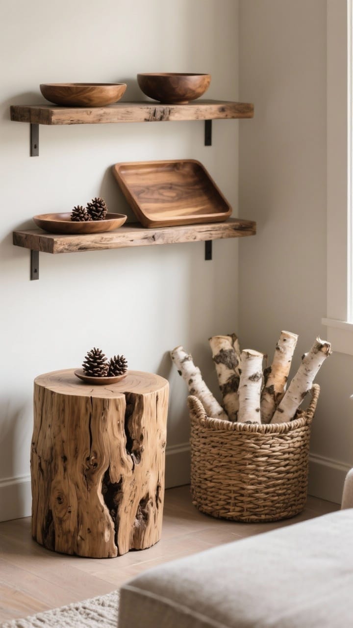 Medium shot of a living room corner featuring chunky natural wood: a live-edge stump side table with visible grain, reclaimed wood floating shelves on the wall holding wooden trays and bowls with pinecones, and a woven basket filled with decorative birch logs. Matte finishes, no gloss; warm, diffuse afternoon light emphasizes the raw texture of the wood.