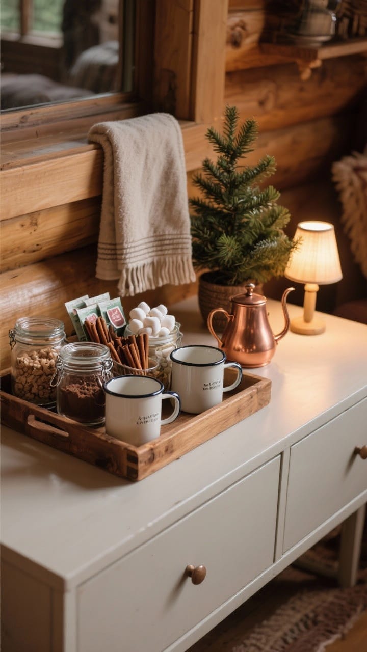Straight-on medium shot of a cabin-worthy hot drink station on a sideboard: wood tray corralling ceramic/enamel mugs, glass jars of cocoa mix, cinnamon sticks, marshmallows, and tea sachets; a small evergreen, a linen towel for texture, and a tiny lamp casting a warm pool of light. Optional copper kettle or French press included for a cozy, functional vibe.