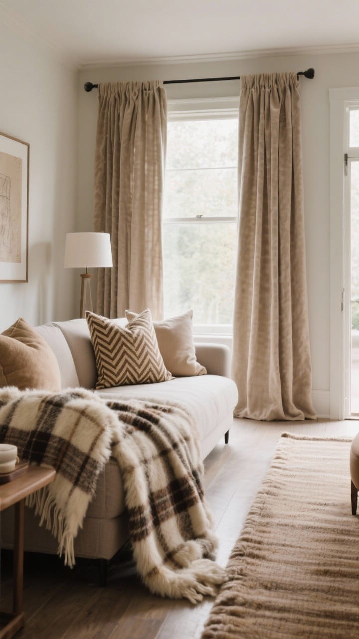 Wide shot of a living room showcasing cozy textiles: wool and plush faux fur throw blankets layered over a sofa, plaid and herringbone pillow covers in warm neutrals, and lined linen or velvet curtains framing a window to block drafts. A thick runner in the entry sightline. Soft, diffused daylight enhances the depth and weight of the fabrics.