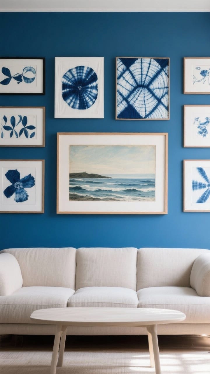 Wide shot: A blue-forward gallery wall above a neutral sofa—mix of framed navy/white abstract art, indigo shibori textile in a light wood frame, and a vintage seascape painting. Center the gallery at eye level (around 57–60 inches) and align visually with the sofa midpoint. Include a simple coffee table below. Lighting: balanced daylight with gentle highlights on frames. Straight-on composition for symmetry.