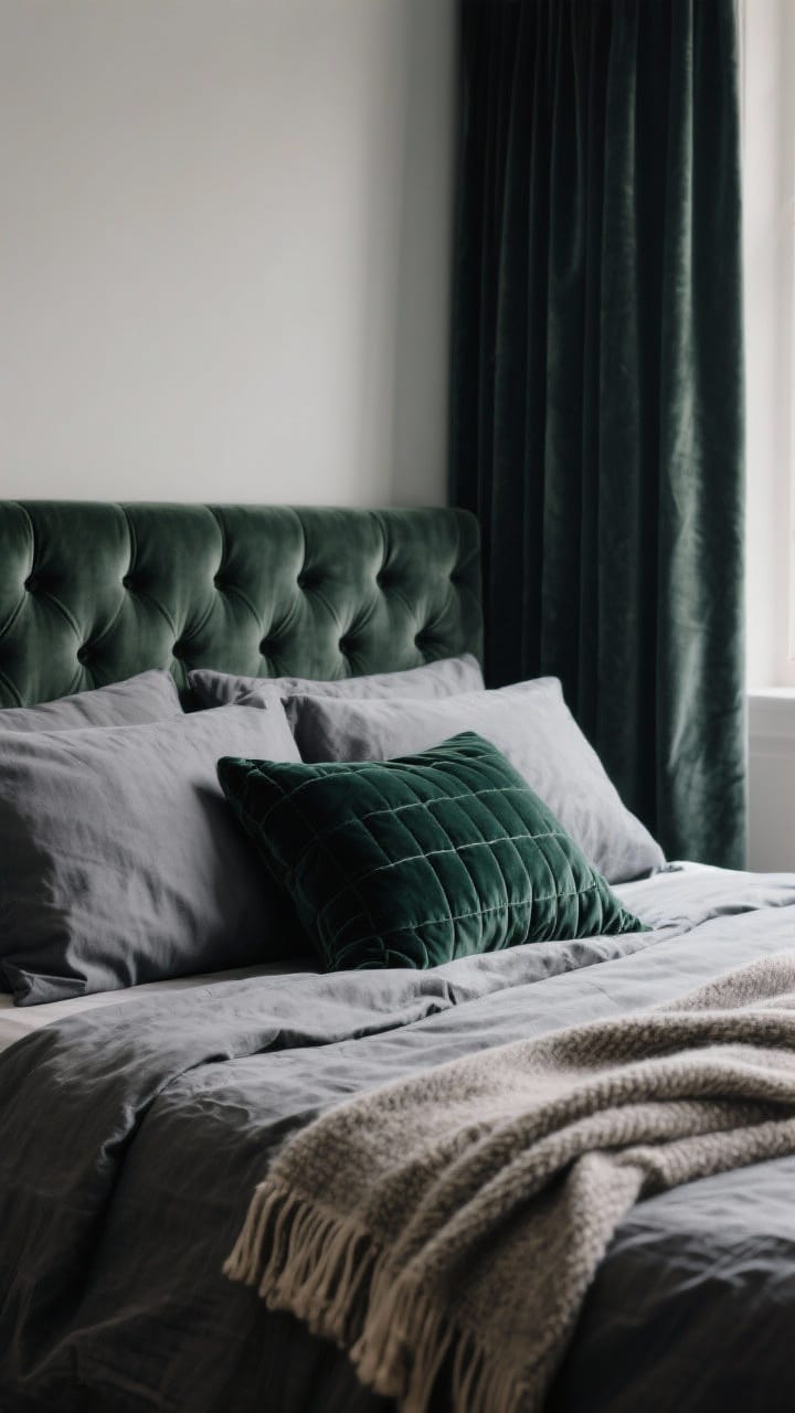 Detail closeup: A layered bed vignette showing texture contrasts—stone-washed linen duvet in charcoal, a dark emerald velvet quilt folded at the foot, and a soft wool throw draped casually; tufted velvet headboard visible behind, paired with heavy blackout velvet curtains in a tonal shade; lighting is soft and diffuse to emphasize weave, pile, and sheen; neutral palette capped at three hues to let textures dominate, photorealistic.