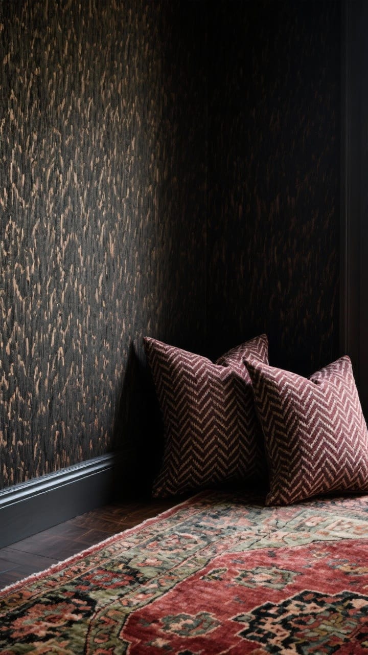 Detail closeup: Pattern play kept moody—an accent wall in deep-toned grasscloth wallpaper with subtle texture, a corner of a vintage Persian rug showing muted reds, olives, and charcoal, and a pair of pillows featuring a small-scale herringbone in a single accent color; restrained palette, tone-on-tone depth; soft side lighting to reveal pattern without visual chaos, photorealistic.