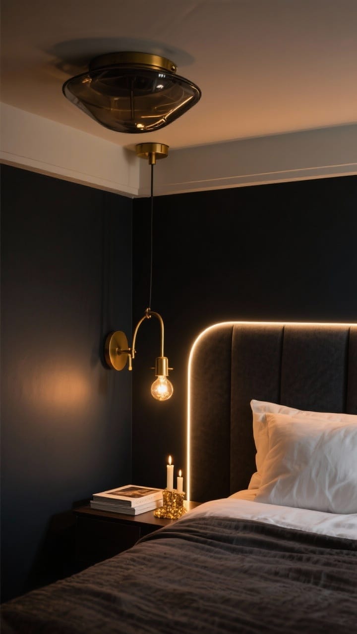 Medium shot from a corner angle: Layered lighting in a dark bedroom—dimmable warm ambient glow (2700K) from a smoked-glass flush mount overhead, brass swing-arm bedside sconces casting focused task light onto a book, and a subtle LED strip washing a soft halo behind the headboard; deep charcoal walls, warm bulb warmth reflecting on brass fixtures; candles on a nightstand add accent sparkle; intimate, moody, photorealistic.