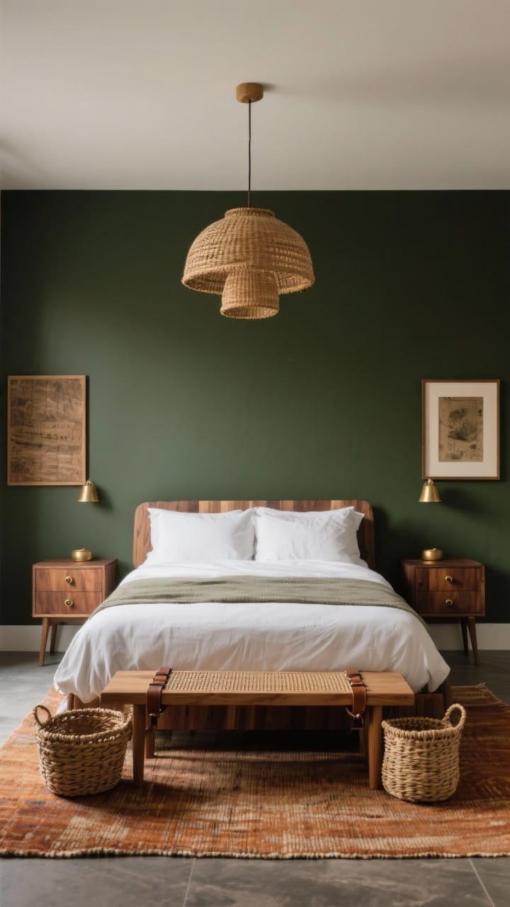Medium shot straight-on: Dark olive walls balanced with organic materials—walnut nightstands with small antiqued brass knobs flanking the bed, a teak bench with woven leather straps at the foot, and a rattan pendant adding warmth; woven baskets and wood-framed art bring soul; a warm-toned rug anchors the space over cooler flooring; lighting is warm and gentle to showcase wood grain and cane texture, photorealistic.