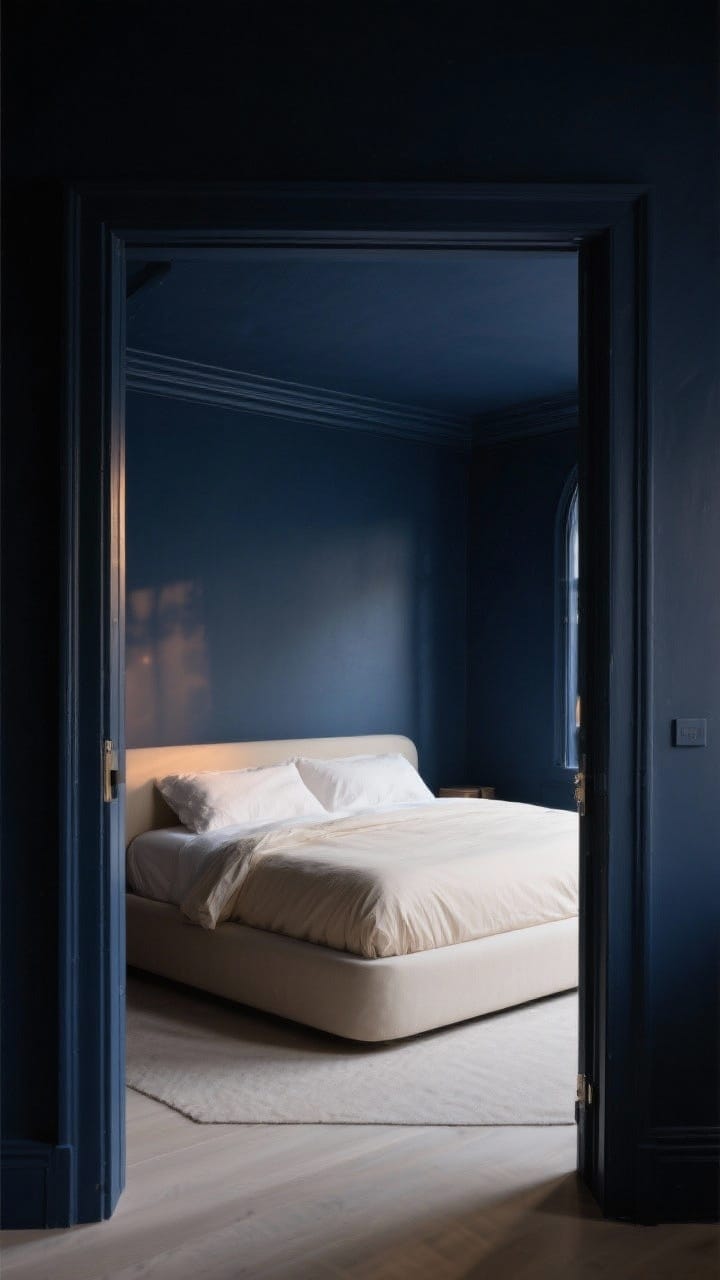Wide room shot: A cocoon-like bedroom fully wrapped in saturated matte paint—deep inky navy walls and ceiling—with matching trim, creating an enveloping, intentional feel; minimal styling with a low-profile bed, pale bone sheets for contrast, and soft warm evening light grazing the eggshell finish to diffuse reflections; angle from the doorway to show the room “wrapped” in color, moody and cozy, no people, photorealistic.