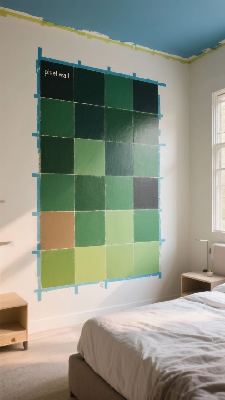 Wide shot of a modern bedroom featuring a single accent “pixel wall” composed of 6–10 inch painted squares in a biome gradient, fading from forest green and lime at the bottom through tan and charcoal to sky blue near the ceiling; painter’s-tape crisp edges on most tiles with a few slightly imperfect for charm; neutral surrounding walls, minimal furniture; warm natural daylight; photorealistic, straight-on view emphasizing the blocky pattern and color transition.