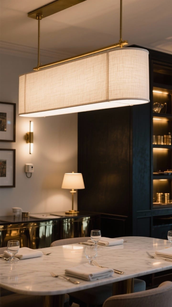 A statement linen drum-shade chandelier over a dining table casting warm, dimmable light