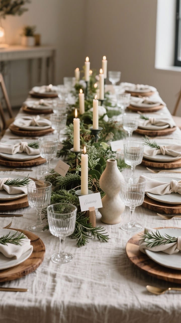 Wide shot of a curated winter tablescape with wood chargers, ribbon-tied napkins, layered glassware and greenery