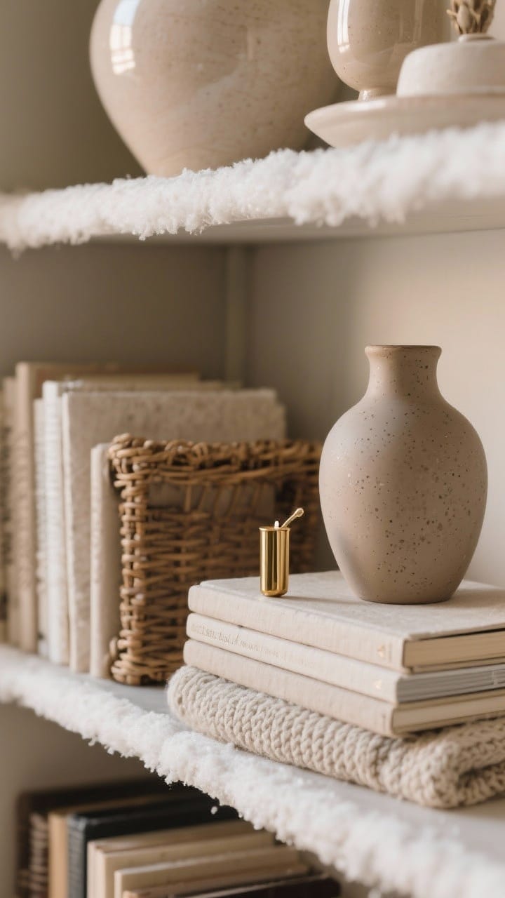 Closeup of a winter-styled bookshelf corner with layered textures: linen-covered books stacked horizontally, a matte clay vase, a woven basket edge, a chunky knit folded over the lower shelf, and a brass candle snuffer on the book stack.